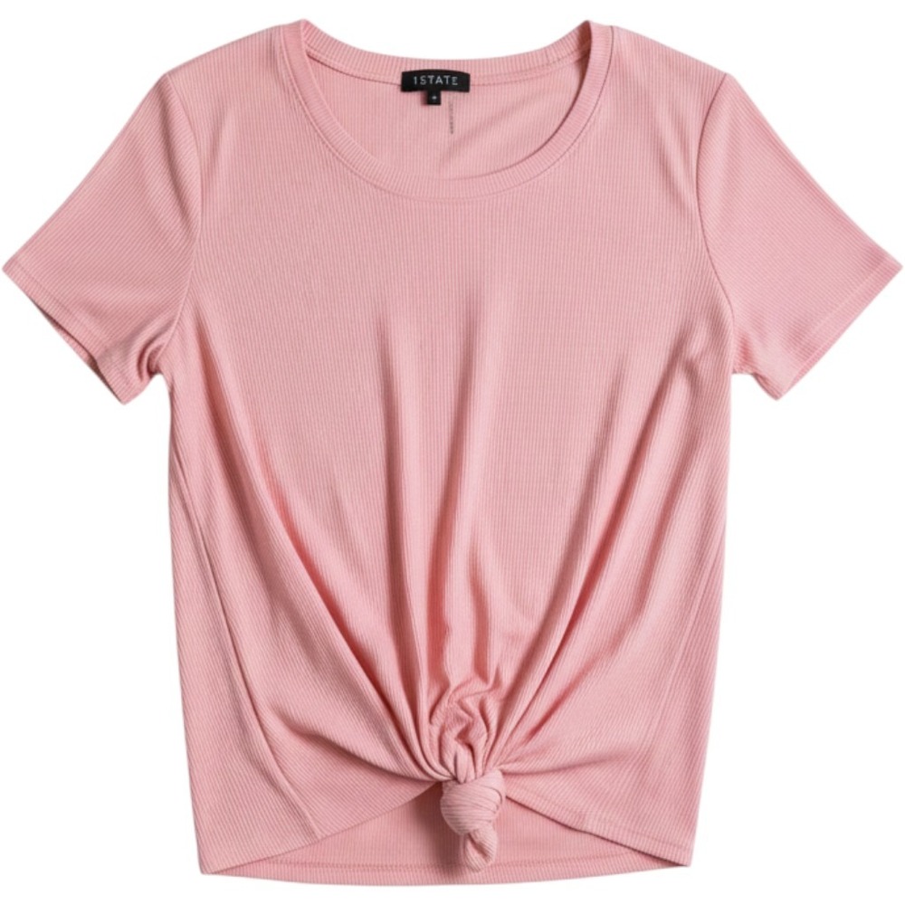 1.STATE Womens Pink Ribbed Knit Front Tie Knot Short Sleeve Crew Neck Top Small